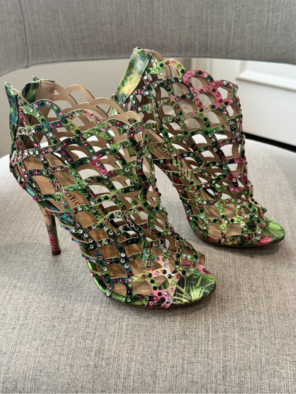 Tropical Multicolor Crystal Cutout High-Heel Sandals